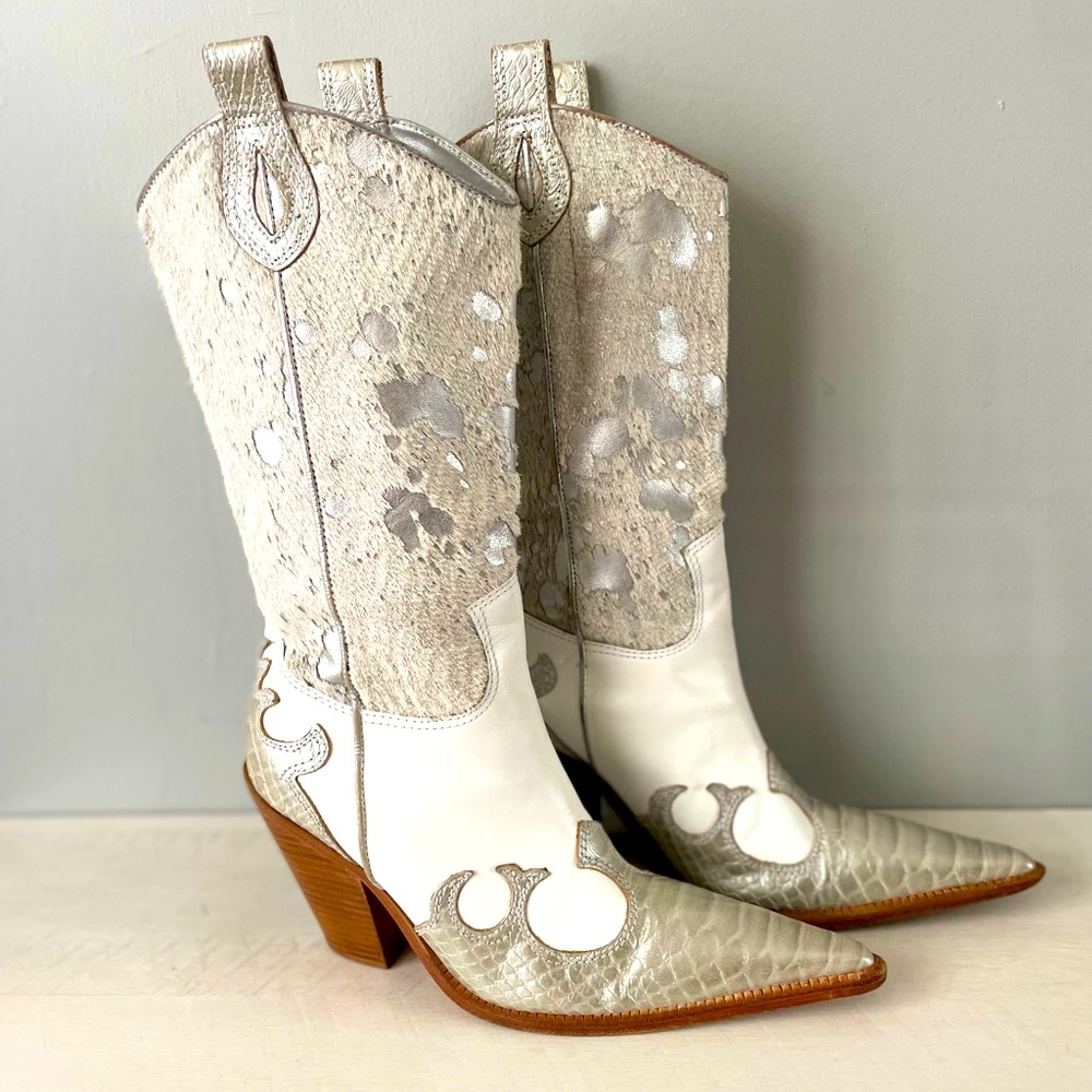 Cowboy Boots Women size 6 White Silver Leather Metallic Western Snakeskin